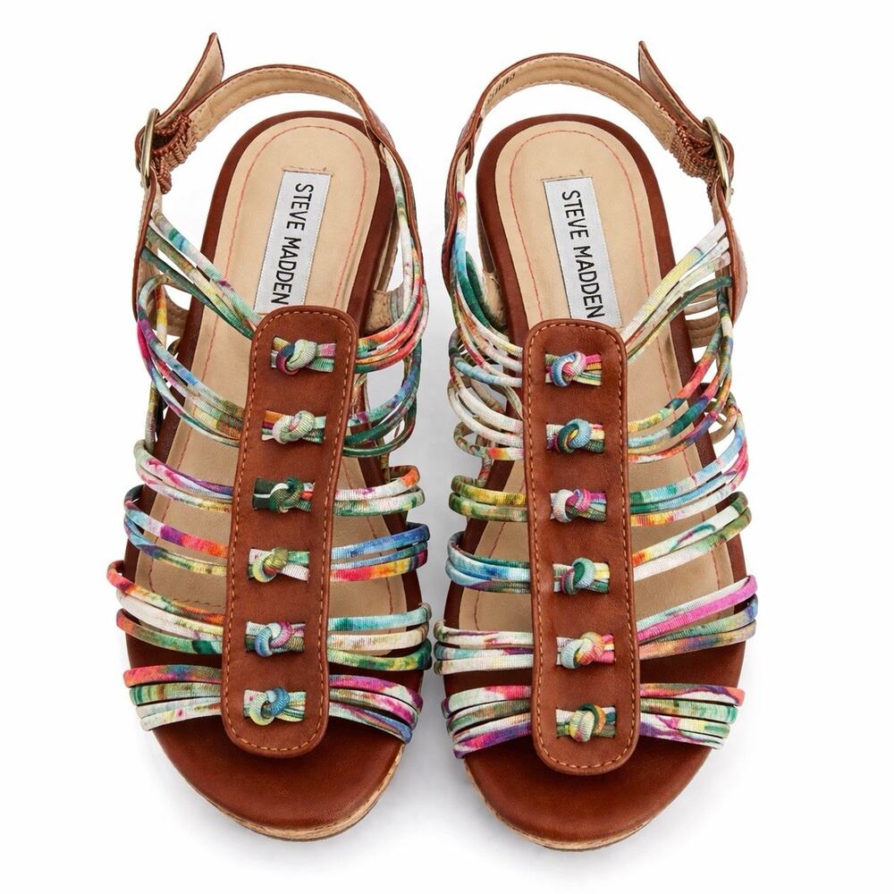 Steve Madden Girls Size 3 Wedge Sandals Multicolor Strappy Cork Heel Boho